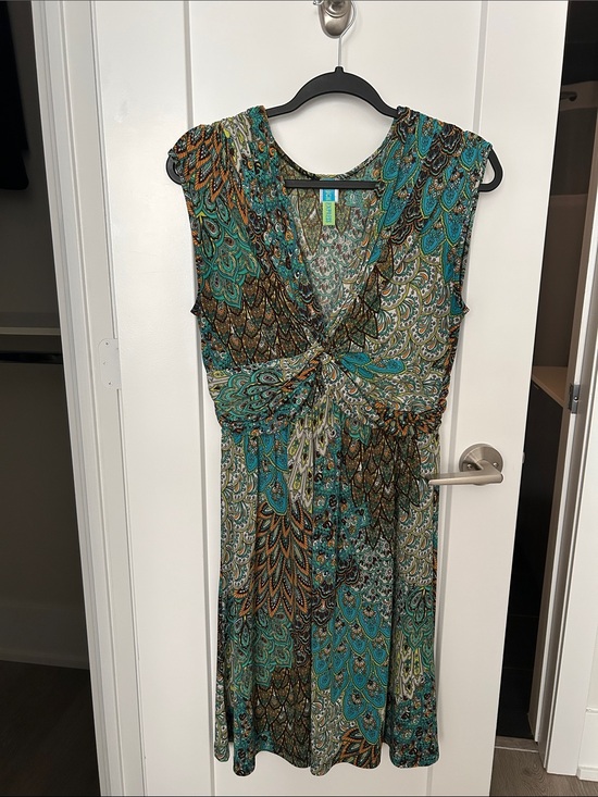 None Dresses & Skirts - Tropical Teal and Brown Paisley Twist-Front Midi Dress weekend evening or beach